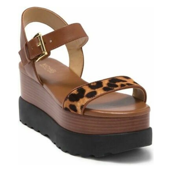 NWOB MICHAEL Michael Kors Marlon Leopard Calf Hair Leather Platform Sandals 6.5 - Picture 1 of 11